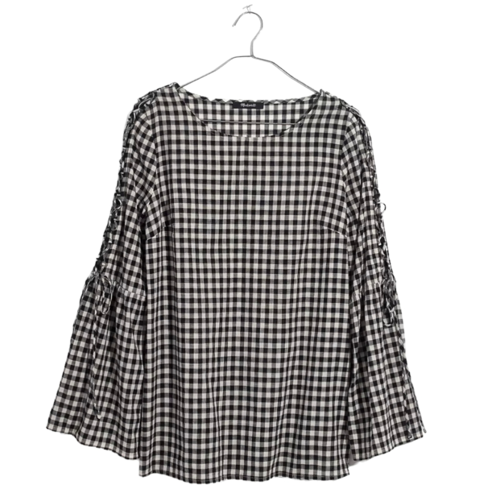 Madewell Gingham Lace-Up Black & White Plaid Bell Sleeve Top - Picture 2 of 9